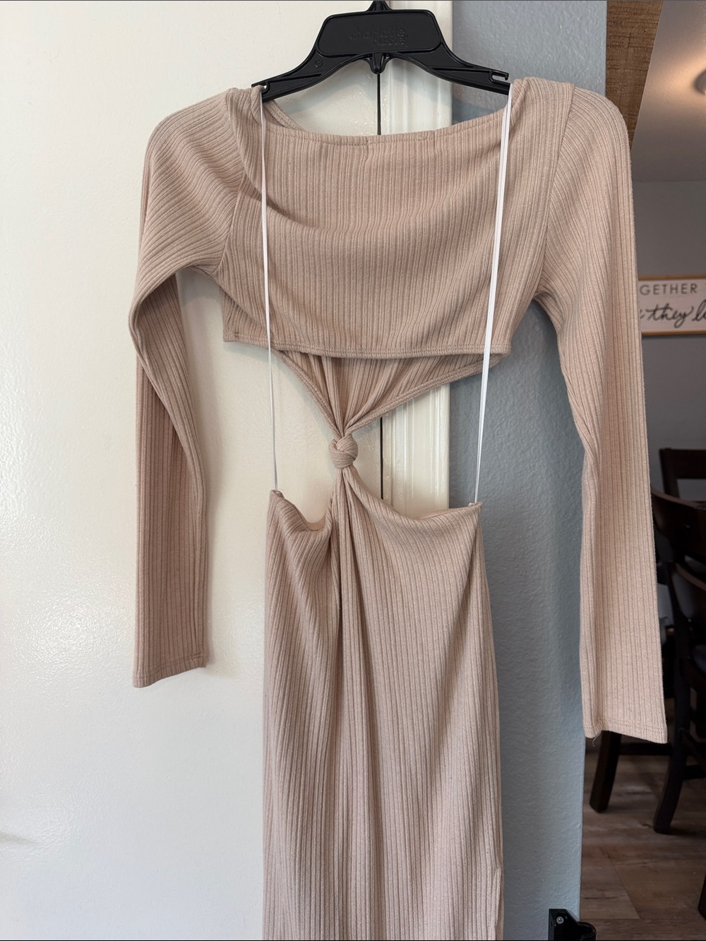 Knot-Front Long Sleeve Ribbed Midi Dress in Beige